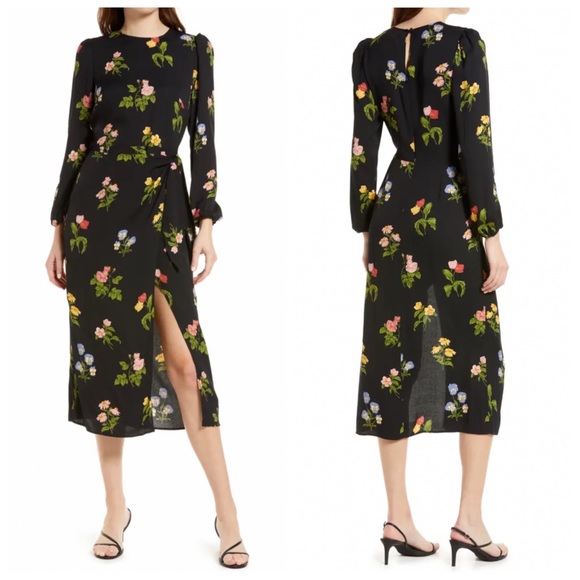 Reformation Reza Floral Long Sleeve Wrap Midi Dress In Night Bloom Size 6 NWT